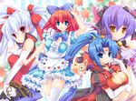  :d alice_wishheart animal_ears ascot ass_visible_through_thighs bad_id bad_pixiv_id bell blue_eyes blue_hair bow breasts cat_ears cleavage club_(shape) earrings frost_auslese hair_bow hair_ornament hair_ribbon heart hinata_momo jewelry large_breasts long_hair looking_at_viewer magical_halloween medium_breasts multiple_girls noir_auslese open_mouth pocket_watch ponytail purple_hair red_eyes red_hair ribbon rosemary_bergamot silver_hair smile spade_(shape) star star_earrings thigh_gap thighhighs twintails v watch white_legwear yellow_eyes zettai_ryouiki 