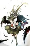  black_hair black_wings blurry closed_eyes depth_of_field feathered_wings feathers gorilla_(bun0615) hair_ornament highres light_particles long_hair reiuji_utsuho simple_background solo touhou very_long_hair white_background wind wings 