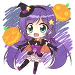  chibi dancing_stars_on_me! elbow_gloves endori gloves green_eyes halloween hat long_hair love_live! love_live!_school_idol_project lowres open_mouth pumpkin purple_hair smile solo star toujou_nozomi twintails witch_hat 