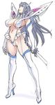  black_hair boots breasts commentary_request elbow_gloves garter_straps gloves high_heel_boots high_heels junketsu kill_la_kill kiryuuin_satsuki large_breasts long_hair looking_at_viewer navel nishieda purple_eyes revealing_clothes solo 