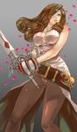  beatrix belt breasts brown_hair brown_legwear cleavage drill_hair ened eyepatch fighting_stance final_fantasy final_fantasy_ix green_eyes grey_background large_breasts one-eyed pantyhose parted_lips petals rose_petals simple_background sleeveless solo sword weapon 
