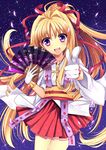  :d agekichi_(heart_shape) blonde_hair cowboy_shot fan floral_print folding_fan gloves hair_ribbon japanese_clothes jewelry kaitou_jeanne kamikaze_kaitou_jeanne kusakabe_maron long_hair obi open_mouth petals pleated_skirt pointing pointing_at_viewer ponytail purple_eyes red_ribbon red_skirt ribbon sash skirt smile solo sparkle very_long_hair white_gloves wide_sleeves 