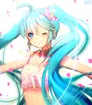 2014 ahoge aqua_eyes aqua_hair artist_name bad_id bad_pixiv_id camisole collar dated grin hatsune_miku headphones long_hair midriff one_eye_closed outstretched_arms redial_(vocaloid) smile solo spread_arms sukja twintails very_long_hair vocaloid white_background 