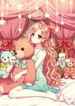  bed blonde_hair bow brown_eyes character_request lingerie negligee nightgown star stars stuffed_animal teddy_bear underwear 