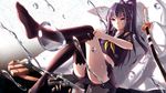  artist_name benghuai_xueyuan black_legwear black_serafuku breasts brown_eyes feet gun handgun highres katana long_hair looking_at_viewer luger_p08 navel no_shoes panties pantyshot pantyshot_(sitting) phantania ponytail purple_hair raiden_mei school_uniform serafuku signature sitting skirt small_breasts smile solo sword thighhighs underwear water weapon 