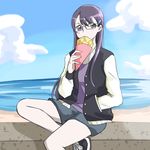  beach casual cloud day eating eyelashes food glasses hair_ornament hairclip heartcatch_precure! jacket long_hair looking_at_viewer outdoors precure purple_eyes purple_hair purple_shirt shirt shoes shorts sitting sketch sky solo tsukikage_oyama tsukikage_yuri 