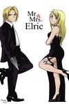  1girl blonde_hair blue_eyes braid crossed_arms dress edward_elric english formal fullmetal_alchemist garters high_heels highres long_hair manea_oana mr._and_mrs._smith parody smile smirk suit weapon white_background winry_rockbell wrench yellow_eyes 