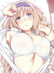  1girl blonde_hair blue_eyes blush bra breasts commentary_request covered_nipples darling_in_the_franxx eyebrows_visible_through_hair hairband highres kanden_suki kokoro_(darling_in_the_franxx) large_breasts looking_at_viewer lying oni_horns open_clothes open_shirt out_of_frame parted_lips pov pov_hands red_horns shirt solo_focus sweat underwear white_bra white_shirt wrist_grab 
