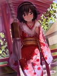  bad_id bad_pixiv_id brown_hair fur_trim furisode hairband japanese_clothes kami_nomi_zo_shiru_sekai kimono looking_at_viewer obi pink_eyes sash short_hair shrine smile solo takahara_ayumi wataru_(zazazazazazawa) 