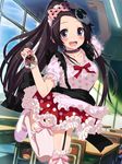  arm_up bad_id bad_pixiv_id black_hair blush choker cookie elysia_de_lute_ima food garter_straps kami_nomi_zo_shiru_sekai long_hair looking_at_viewer open_mouth pink_legwear polka_dot polka_dot_shirt polka_dot_skirt purple_eyes shirt shoes skirt solo standing standing_on_one_leg thighhighs uwabaki wataru_(zazazazazazawa) 