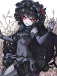  bad_id bad_pixiv_id black_hair breasts detached_sleeves dress glowing glowing_eyes gothic_lolita horns isolated_island_oni kantai_collection lolita_fashion long_hair looking_at_viewer oukawa_yuu pale_skin pantyhose red_eyes shinkaisei-kan small_breasts smile solo twitter_username wavy_hair 