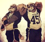  big_muscles clothing duo fangs feline fingerless_gloves flexing fur gloves grey_fur grin looking_at_viewer male mammal muscles pink_nose pose saber_tooth_tiger shirt shorts sibling stripes teeth twins vetrowolf white_fur 