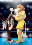  anthro avian beak biceps big_muscles bird boxer boxing boxing_gloves boxing_shorts breasts clothed clothing duo feathers feline female fight fighting_ring full_color fur gloves hair interspecies lion long_hair male mammal mane midriff muscles ostrich pecs size_difference sport standing staredown toviorogers 