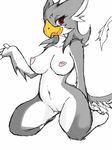  beak breasts female gryphon kneeling looking_at_viewer nude pussy red_eyes silver723 sketch solo 