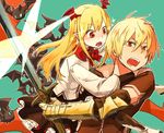  1girl albert_(shingeki_no_bahamut) armor bat_wings blonde_hair fangs granblue_fantasy head_wings hoshigaki_(kyuukp) long_hair orange_eyes pointy_ears red_eyes shingeki_no_bahamut short_hair skirt sword vampire vampy weapon wings 