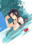  ar_tonelico ar_tonelico_ii arm_up bare_shoulders black_hair breasts dutch_angle flower inu jakuri long_hair lying nipples partially_submerged purple_eyes sidelocks small_breasts solo 