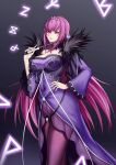  1girl absurdres bangs bare_shoulders breasts cleavage covered_navel detached_collar dress fate/grand_order fate_(series) feather_trim hair_between_eyes highres jewelry large_breasts long_hair long_sleeves looking_at_viewer pantyhose pendant purple_dress purple_hair purple_legwear red_eyes runes scathach_(fate) scathach_skadi_(fate) solo thighs tiara wand xiao_gen 
