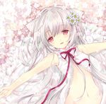  animal_ears bad_id bad_pixiv_id banned_artist blush cat_ears dress flower hair_flower hair_ornament long_hair navel open_mouth original outstretched_arms red_eyes ribbon silver_hair sleeveless sleeveless_dress solo spread_arms suihi 