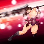  absurdres bad_deviantart_id bad_id battle black_hair breasts cattleya glasses gloves highres huge_breasts huge_weapon looking_at_viewer lucknight muscle muscular_female nipple_slip nipples open_mouth ponytail queen's_blade solo sword thick_thighs thighs weapon 