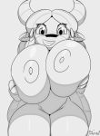  2019 anthro areola big_breasts bovine breasts digital_drawing_(artwork) digital_media_(artwork) female friendship_is_magic hair hi_res horn huge_breasts looking_at_viewer mammal miso_souperstar monochrome my_little_pony nipples signature sketch smile solo thick_thighs yak yona_(mlp) 