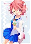  ;d alternate_costume bad_id bad_pixiv_id bag blush breasts casual chocolate collarbone fang food hair_ornament handbag holding i-58_(kantai_collection) ice_cream ice_cream_cone kantai_collection looking_at_viewer medium_breasts one_eye_closed open_mouth pink_eyes pink_hair pleated_skirt sala_mander short_hair skirt smile solo star star-shaped_pupils symbol-shaped_pupils triple_scoop unmoving_pattern waffle_cone 