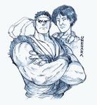  character_name crossed_arms dougi headband headphones kduhcs monochrome multiple_boys real_life ryuu_(street_fighter) street_fighter traditional_media umehara_daigo 