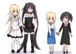  4girls :d age_progression amano_kouki asymmetrical_gloves bare_shoulders belt belt_buckle black_dress black_footwear black_gloves black_hair black_legwear blonde_hair blue_eyes blue_skirt blush boots brown_belt buckle closed_mouth collarbone commentary_request cross cross-laced_footwear cross_necklace dress elbow_gloves flying_sweatdrops fur-trimmed_dress gloves hand_holding heterochromia highres jewelry lace-up_boots latin_cross long_hair multiple_girls necklace note-chan open_mouth original pantyhose purple_eyes round_teeth shirt short_hair single_elbow_glove skirt smile standing strapless strapless_dress teeth thighhighs twintails upper_teeth very_long_hair white_background white_dress white_legwear white_shirt white_sleeves 