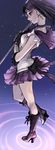  back_bow bishoujo_senshi_sailor_moon black_bow black_hair blue_background boots bow choker cross-laced_footwear earrings elbow_gloves expressionless full_body gloves highres holding holding_staff jewelry knee_boots lace-up_boots magical_girl nape pleated_skirt profile purple_eyes purple_footwear purple_sailor_collar purple_skirt racoona ribbon sailor_collar sailor_saturn sailor_senshi_uniform short_hair skirt solo staff standing star star_choker tomoe_hotaru white_gloves 