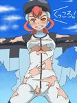  1girl awa blush bodysuit breasts brown_eyes erect_nipples flying goggles goggles_on_head nami_(pokemon) outstretched_arms pokemon pokemon_(anime) red_hair sky_trainer_(pokemon) torn_bodysuit torn_clothes wingsuit 