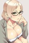  artist_name blonde_hair breasts cleavage dead_rising earrings glasses heart heart_earrings heart_necklace highres jessica_mccarney jewelry large_breasts lips looking_at_viewer necklace parted_lips pink_background short_hair smile solo sweat sweatdrop zonda_(solid_air) 
