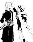  2boys cloak hat male male_focus monkey_d_luffy monochrome multiple_boys one_piece robe roronoa_zoro sabaody_archipelago scabbard scar sheath smile standing straw_hat 