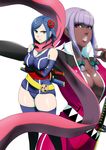  bare_shoulders blue_eyes blue_hair blue_legwear breasts crossed_arms dark_skin katana kuruma_hajime large_breasts long_hair multiple_girls ninja original pink_eyes purple_hair simple_background sword thighhighs thighs weapon white_background 