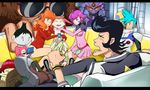  3boys box cardboard_box character_request dandy_(space_dandy) female_dandy female_meow giant gudon_(iukhzl) highres meow_(space_dandy) multiple_boys multiple_girls multiple_persona pompadour qt_(space_dandy) sitting space_dandy 