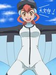  1girl awa bodysuit breasts brown_eyes flying goggles goggles_on_head nami_(pokemon) outstretched_arms pokemon pokemon_(anime) red_hair sky_trainer_(pokemon) smile teeth wingsuit 