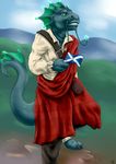  buckle claws clothing cloud dragon dragonstache fins flag glowing green_eyes hills kilt lizardlards lizardlars male outside pants pouch rock scottish_flag shirt sky smile solo teeth 