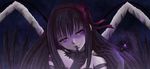  akemi_homura akuma_homura athyra bare_shoulders black_gloves black_hair black_wings bow choker dark_orb_(madoka_magica) elbow_gloves feathered_wings finger_to_mouth gloves hair_bow long_hair looking_at_viewer mahou_shoujo_madoka_magica mahou_shoujo_madoka_magica_movie night purple_eyes shushing smile solo spoilers wings 