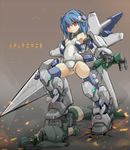  battle blue_hair blue_legwear breasts damaged defeat densou_tenshi_valforce detached_arm green_legwear ground_shatter hair_intakes headgear huge_weapon kannagi_ai karukan_(monjya) lance mecha_musume mechanical_arms multiple_girls one-piece_swimsuit polearm red_eyes school_swimsuit short_hair small_breasts standing_on_person swimsuit thighhighs thrusters weapon white_swimsuit 