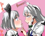  bad_anatomy blue_eyes braid finger_to_mouth grey_hair hairband izayoi_sakuya konpaku_youmu maid maid_headdress multiple_girls pink_background saliva saliva_trail sei_(kaien_kien) short_hair sweat touhou twin_braids yuri 