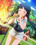  bamboo blue_hair breasts brown_hair cleavage fire grill grilling idolmaster idolmaster_million_live! jewelry kitakami_reika long_hair medium_breasts multiple_girls necklace official_art shorts tenkuubashi_tomoka twintails 
