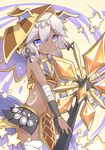  ankh bare_shoulders blue_eyes dark_skin egyptian egyptian_clothes giwa headdress puzzle_&amp;_dragons silver_hair sopdet_(p&amp;d) staff star tattoo thighhighs 