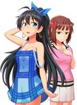  adjusting_hair amami_haruka antenna_hair blue_eyes brown_hair earrings fang ganaha_hibiki green_eyes hoop_earrings idolmaster idolmaster_(classic) jewelry long_hair multiple_girls open_mouth short_hair strap_slip yoga_doujou_(misawajima) 