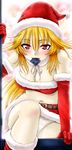  atchy blonde_hair breasts christmas cleavage condom condom_in_mouth elbow_gloves gloves hat heart heart-shaped_pupils highres large_breasts long_hair mouth_hold original panties red_eyes red_gloves santa_hat solo symbol-shaped_pupils underwear white_panties 
