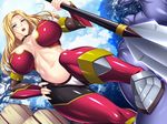  1boy 1girl blonde_hair breasts game_cg huge_breasts ma_wo_haramu_buki navel outdoors pichipichi_garou_r polearm sky spear weapon 