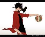  2013 animal_on_arm ball baseball black_hair blurry cat closed_mouth covered_eyes cowboy_shot from_side haikyuu!! hair_over_eyes hand_in_pocket holding holding_ball jacket kuroo_tetsurou letterboxed male_focus motion_blur open_clothes open_jacket outstretched_arm pants pointing profile red_jacket red_pants simple_background sleeves_pushed_up smile solo spiked_hair sportswear track_jacket volleyball wind wonkrin 