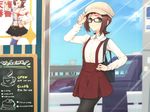  alternate_costume amami_haruka bag beret black_legwear brown_hair disguise downscaled fashion glasses green_eyes hair_ornament hand_on_headwear hand_on_hip handbag hat hat_tip hitoto idolmaster idolmaster_(classic) idolmaster_movie long_sleeves md5_mismatch open_mouth pantyhose poster_(object) resized short_hair skirt smile solo suspenders thighhighs 