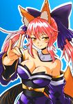  animal_ears bare_shoulders blush bow breasts cleavage detached_sleeves fate/extra fate_(series) fox_ears fox_tail hair_bow hair_ribbon japanese_clothes large_breasts naughty_face pink_hair ribbon solo tail tamamo_(fate)_(all) tamamo_no_mae_(fate) twintails yellow_eyes zatou_(kirsakizato) 