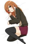  black_legwear blush brown_eyes brown_hair crossdressing dakimakura full_body genshiken hato_kenjirou long_hair male_focus momen-tary open_mouth otoko_no_ko skirt solo thighhighs zettai_ryouiki 