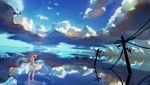  aqua_hair bird cloud dress floating_hair from_behind hatsune_miku highres long_hair sky solo twintails very_long_hair vocaloid wading water yaozhiligenius 