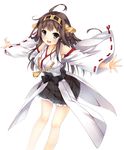  :d bare_shoulders black_eyes brown_hair detached_sleeves headgear japanese_clothes kantai_collection kongou_(kantai_collection) long_hair nironiro nontraditional_miko open_mouth outstretched_arms ribbon-trimmed_sleeves ribbon_trim smile solo spread_arms 
