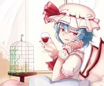  alcohol ascot bat_wings birdcage blue_hair cage cup drinking_glass fang fingernails hat hat_ribbon mob_cap nail_polish nobu_baka red_eyes remilia_scarlet ribbon sharp_fingernails short_hair sitting smirk solo touhou wine wine_glass wings wrist_cuffs 